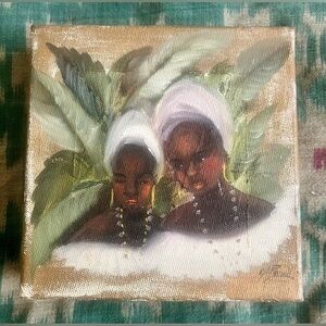 Vintage Brazilian Oil Painting Portrait Two Women Expressionist Folk Art 6x6